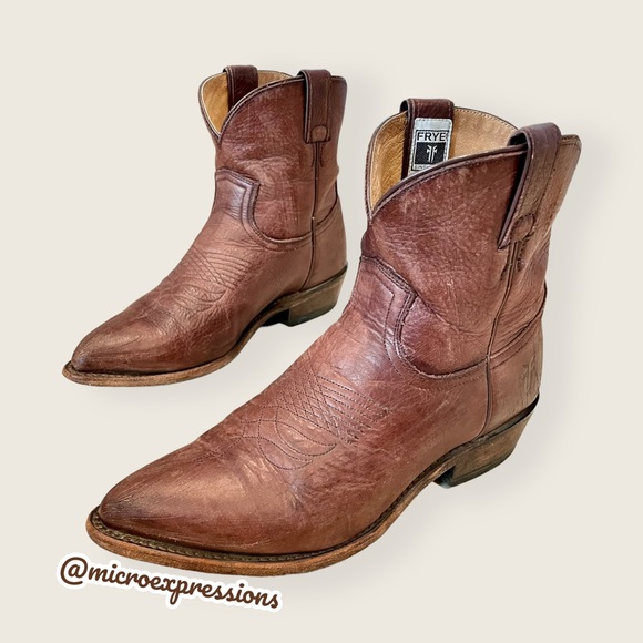 $369 Frye Billy Short Pull On Brown Real Leather Southern Cowboy Cute Ankle Boot - Picture 13 of 14